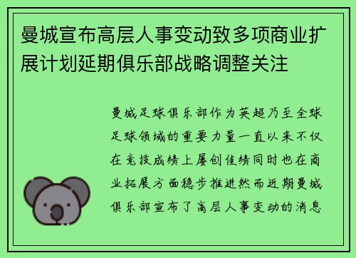 曼城宣布高层人事变动致多项商业扩展计划延期俱乐部战略调整关注